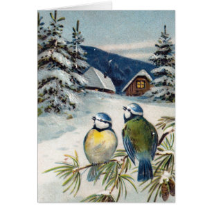 Carte Postale vintage D'Hiver Avec Oiseaux