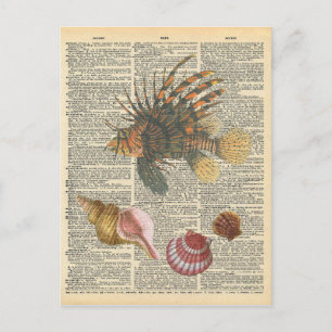 Carte Postale Vintage Dictionary Art Lion Fish and Beach Shells