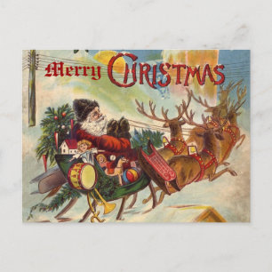 Carte postale vintage du Père Noël Reindeer Sleigh