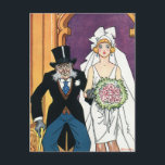 Carte Postale Vintage Enregistrer la date, mariée Groom Newlywed<br><div class="desc">Facile à customiser mariage enregistrer la date carte postale! Ajoutez simplement vos noms et la date ! Illustration vintage image de mariage drôle d'amour et de romance montrant un vieux marié marchant dans l'allée avec sa belle jeune mariée. Design rétro amusant les années 50 !</div>