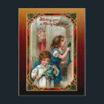 Carte Postale Vintage Father Christmas | Enfants | Ornate Frame<br><div class="desc">Illustration de fête de l'époque victorienne magnifiquement restaurée, avec Noël du Père du Vieux Monde avec enfants au foyer familial et voeux de Noël joyeux encadrés par un cadre de style gothique ornemental rouge, vert et or orné et arrière - plan artisan coordonnateur. Le dos est assorti au cadre, à...</div>