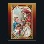 Carte Postale Vintage Father Christmas | Enfants | Ornate Frame<br><div class="desc">Illustration de fête de l'époque victorienne magnifiquement restaurée avec le Père Noël de l'Ancien Monde offrant des cadeaux aux enfants avec un joyeux accueil de Noël encadré par un cadre de style gothique ornemental rouge, vert et or orné et arrière - plan artisan coordonnateur. Le dos est assorti au cadre,...</div>