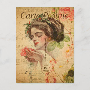 Carte Postale Vintage Femme-Dame-Rose Floral Français