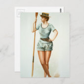 Carte Postale Vintage femme Rower avec ours (Devant / Derrière)