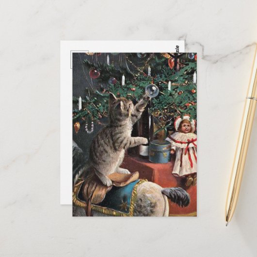 Carte Postale vintage festif chat de Noël (Devant/Arrière en situation)