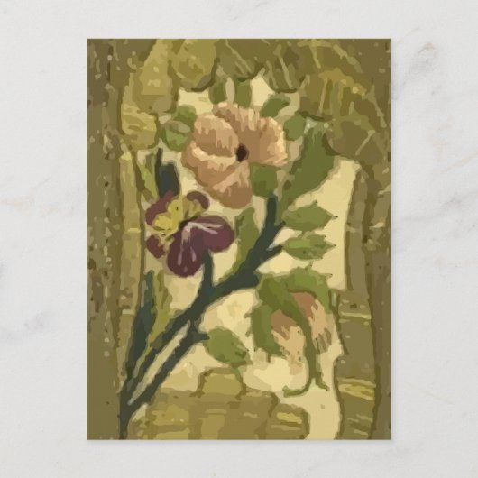 Carte postale vintage Feuilles brodés et fleurs (Devant)