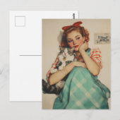 Carte Postale Vintage fille avec chat (Devant / Derrière)