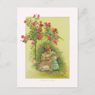 Carte Postale Vintage fille avec poupée sous couleur Rose
