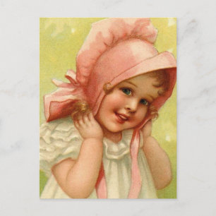 Carte Postale Vintage fille Bonnet Rose