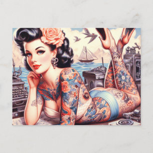 Carte Postale Vintage fille de l'ancienne école de tatouage