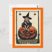 Carte Postale Vintage fille d'Halloween sur Jack o'Lantern (Devant / Derrière)