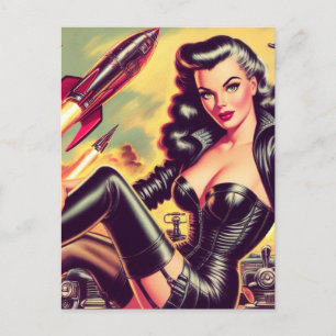 Carte Postale Vintage fille en cuir Sci-Fi