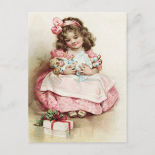 Carte Postale Vintage fille en robe rose avec poupée