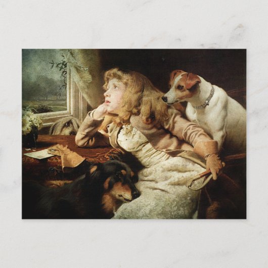 Carte Postale Vintage fille et deux chiens (Devant)
