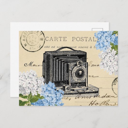 Carte postale vintage Fleur Bleu Caméra (Devant / Derrière)