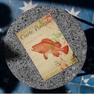 Carte Postale Vintage Floral Rouge Poisson Rose Roses Français C