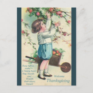 Carte Postale Vintage Garçon cueillir des pommes Thanksgiving