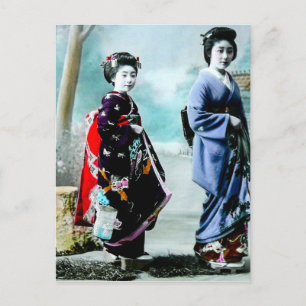 Carte Postale Vintage Geisha et Sa Maiko 芸 者 舞 Vieux Japon