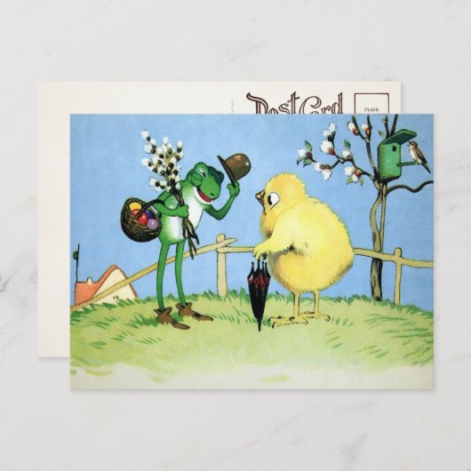 Carte postale vintage grenouille et poussin (Devant / Derrière)