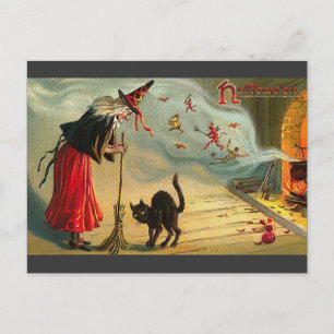 Carte Postale Vintage Halloween Art - Chat rencontre la sorcière