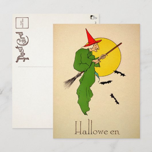 Carte postale vintage Halloween Broom Witch (Devant / Derrière)