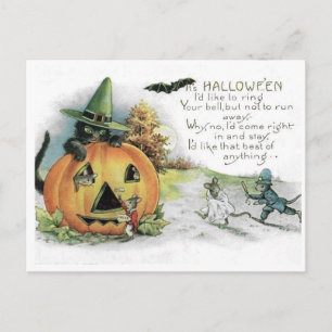 Carte postale vintage Halloween chat noir souris
