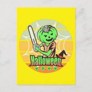 CARTE POSTALE VINTAGE HALLOWEEN CITROUILLE AVEC CHAINSAW ET SKUL