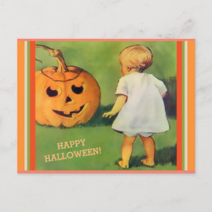 Carte Postale Vintage Halloween Jack-O-Lantern et Little Girl cp