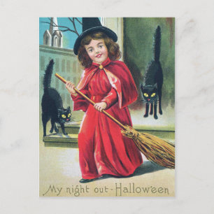 Carte postale vintage Halloween sorcière chats noi