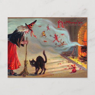 Carte postale vintage Halloween sorcière chats noi
