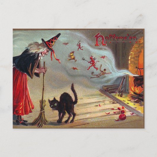 Carte postale vintage Halloween sorcière chats noi (Devant)