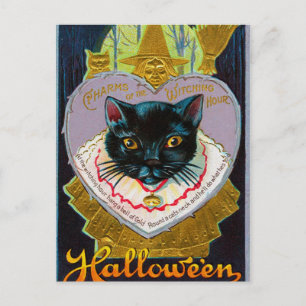 Carte postale vintage Halloween sorcière lune chat