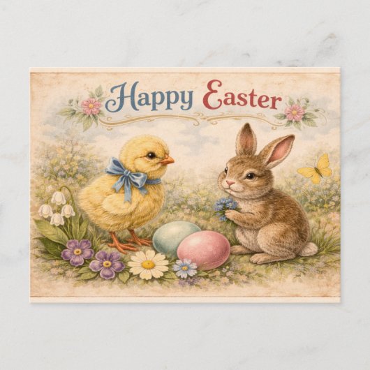 Carte Postale Vintage Happy Easter Bunny and Chick (Devant)