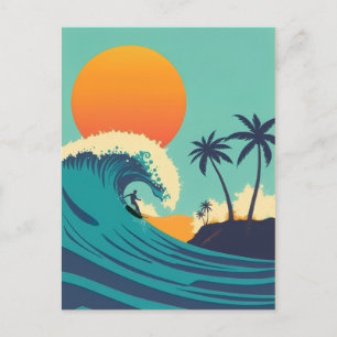 Carte Postale Vintage Hawaii Surf Coucher de soleil et vagues Vo