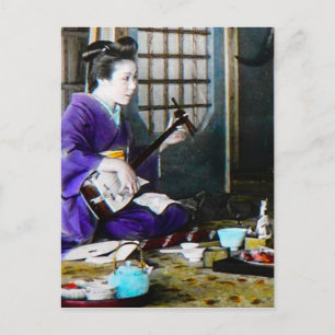 Carte Postale Vintage Japanese Geisha Playing Shamisenbanjo