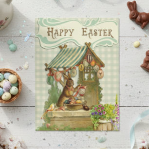 Carte Postale Vintage Joyeux Bunny House de Pâques Printemps