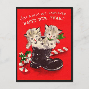 Carte Postale Vintage Joyeux Chats Du Nouvel An En Boot