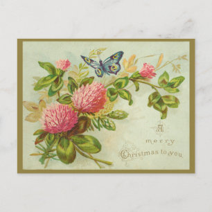 Carte Postale Vintage Joyeux Noël avec Papillon et Fleurs