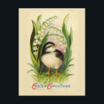 Carte postale Vintage Little Easter Bird<br><div class="desc">Carte postale vintage de Pâques montrant un Petit Oiseau aux couleurs blanches et noires,  comme un poussin ou un chevreau de montagne,  entouré de feuilles et de fleurs.</div>