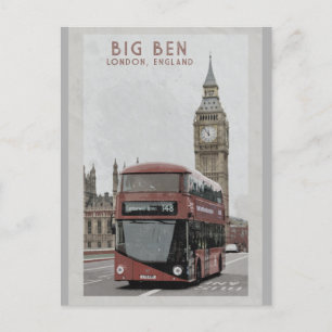 Carte Postale Vintage Londres Angleterre Big Ben Red Bus Travel