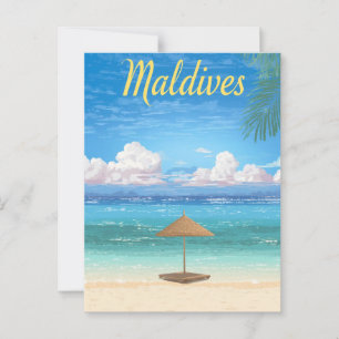 Carte Postale Vintage Maldives Tropical Beach Parasol Voyage