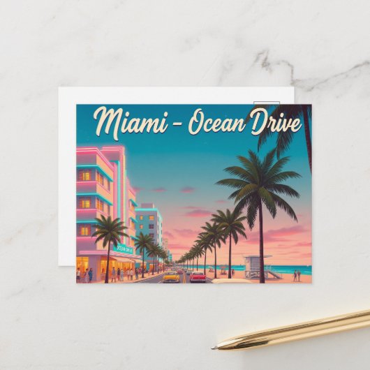Carte Postale Vintage Miami, Ocean Drive Travel (Devant/Arrière en situation)