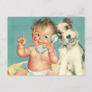 Carte Postale Vintage mignonne bébé parler sur téléphone Chien c