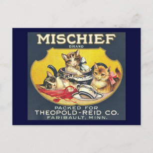 Carte Postale Vintage Mischief Brand Label Kittens Cats