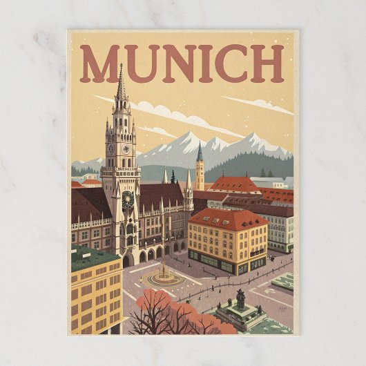 Carte Postale Vintage Munich Marienplatz & Alpes