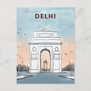 Carte Postale Vintage New Delhi, Inde Voyage aquarelle rétro