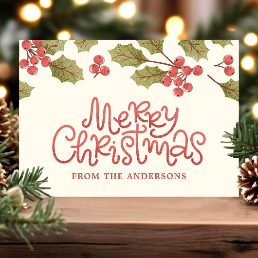 Carte Postale Vintage Noël Aquarelle Holly Feuilles Monogramme