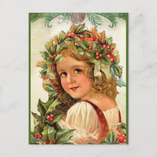 Carte Postale Vintage Noël Enfant Holly Feuilles dans ses cheveu