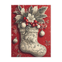 Carte postale Vintage Noël Holly Stocking Holiday