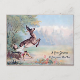 Carte Postale Vintage Noël : Le Faon Sautant & Garçon